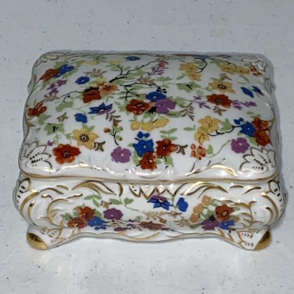VTG SGK China Made in Occupied Japan Trinket Dish Box Gold Trim Flowers 4.5”x3” - Picture 3 of 8